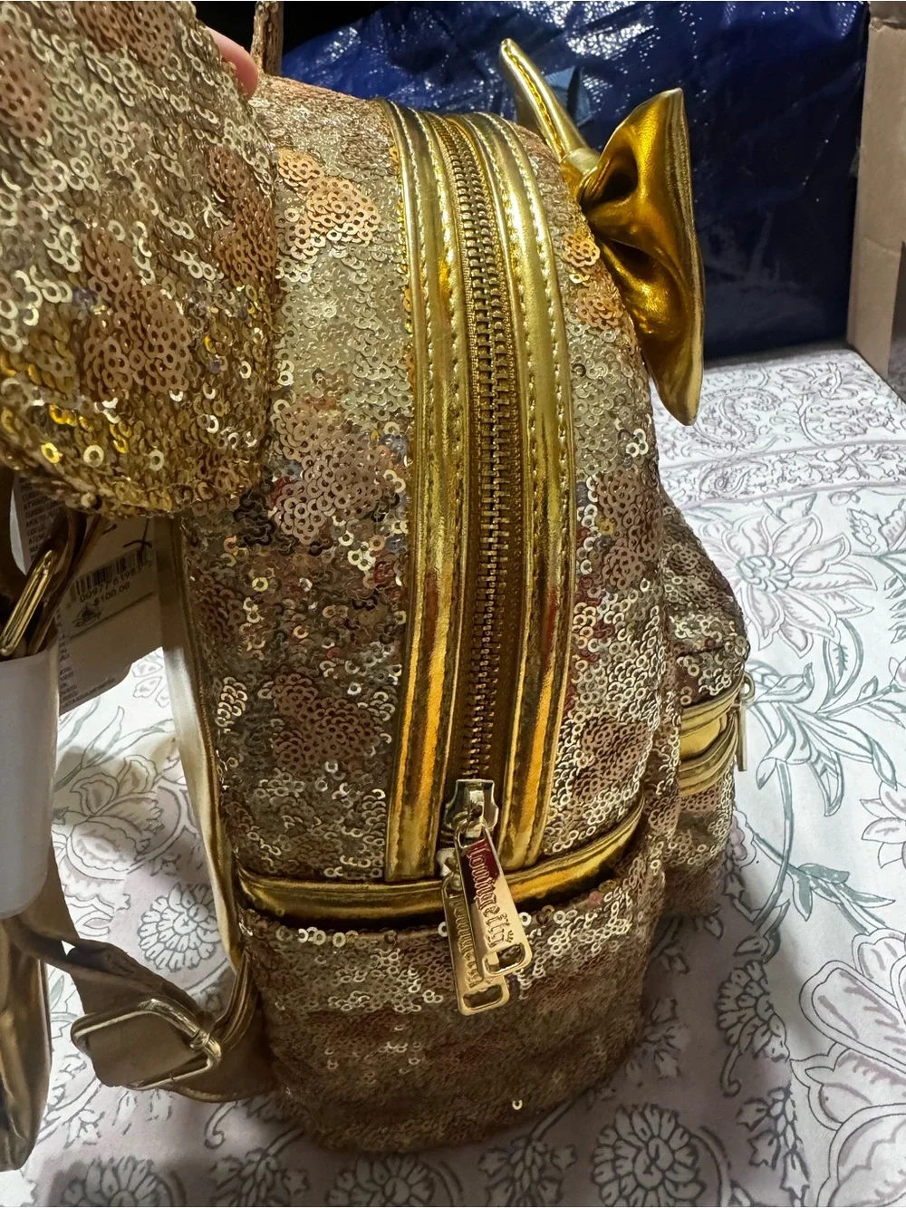Disney Gold Sequin Minnie Ear Mini Backpack with Metallic Bow